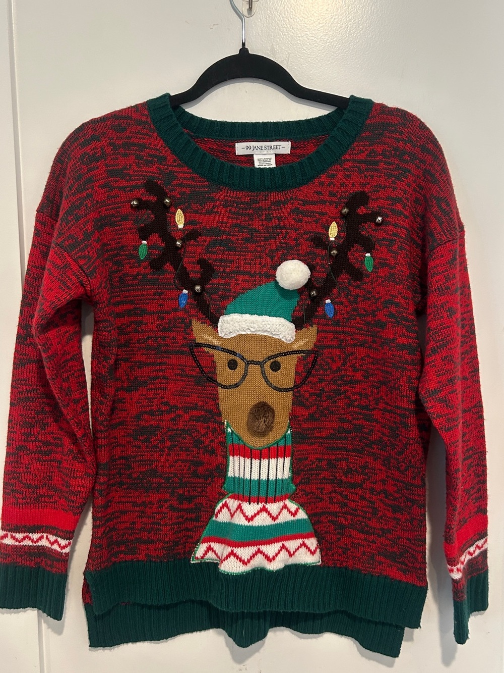 99 Jane Street Sweater Small Reindeer Glasses Bells Sequins Ugly Christmas